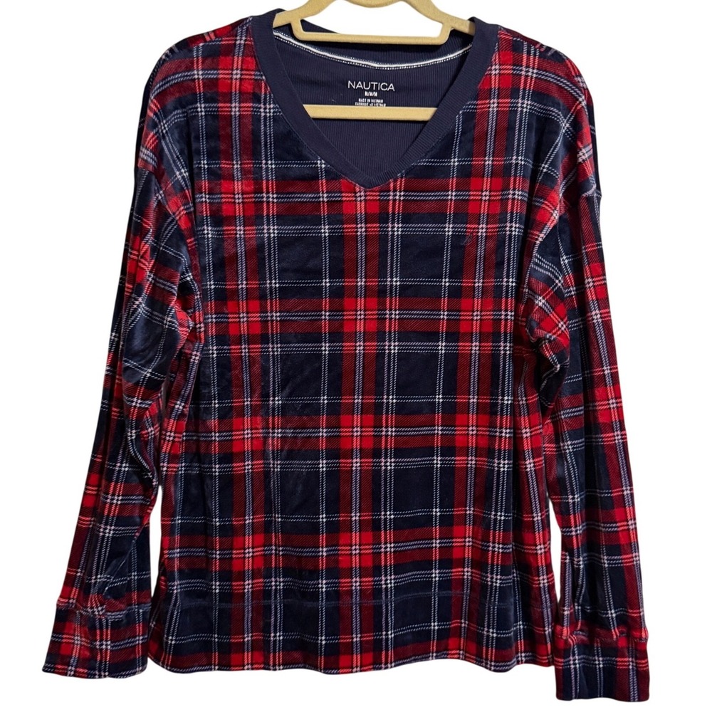 Nautica Womens Medium Navy Red Plaid Velour V-Neck Long Sleeve Top